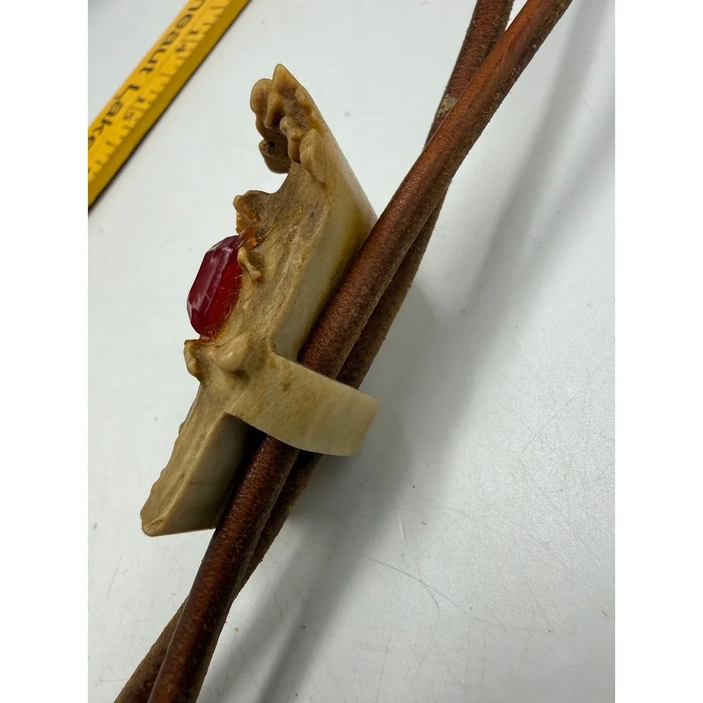 Vintage Antler Bolo Tie Red Faux Crystal Western Cowboy Leather Cord 38 Inch